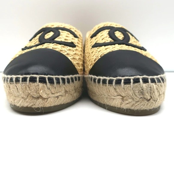 Chanel 22P CC Cap Toe Espadrilles Beige Braided Fabric & Black Leather Size 37 - Picture 5 of 11